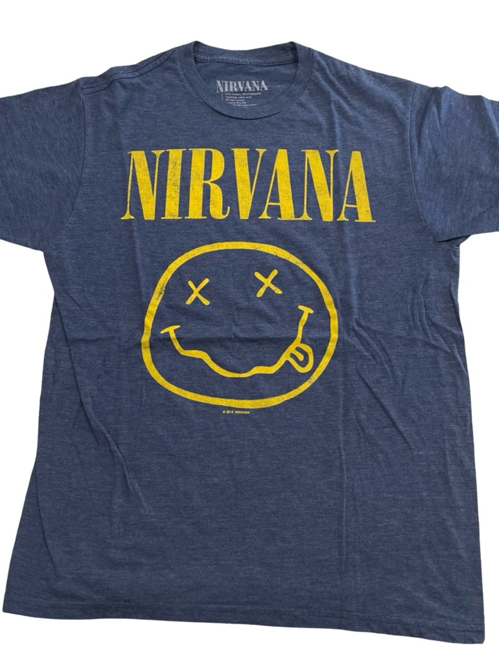 2018 NIRVANA Yellow Smiley Face Logo Size L Blue Tee (Retail $25)
